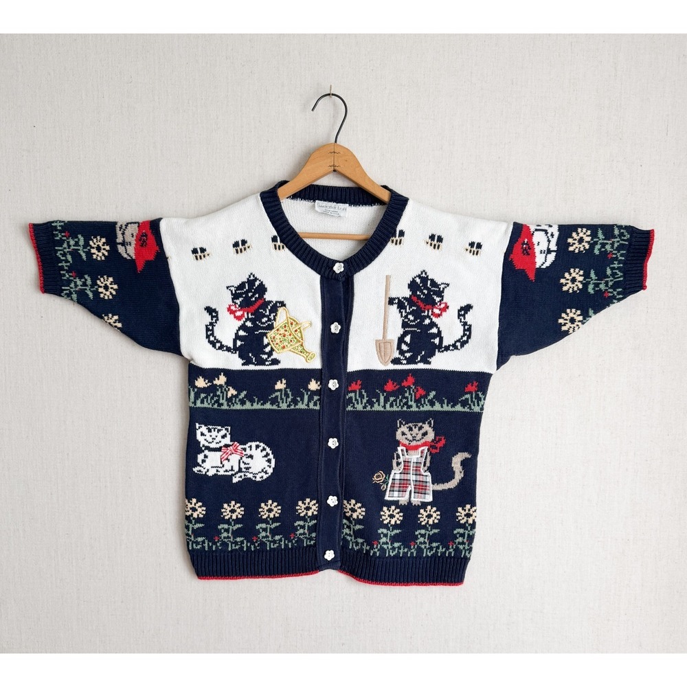Sweater‎ Loft Vintage Cat Garden Cardigan Navy White Short Sleeve